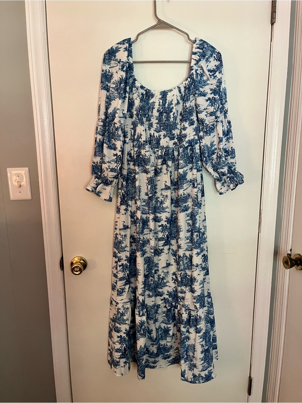 Blue and White floral Square-Neck Maxi Dress